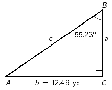 Refer to right triangle ABC with   .   ​ If    and    yd, find a . Apply the rules regarding the use of significant digits when determining your answer.   __________  yd