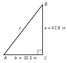 Refer to right triangle ABC with   .   If    inches and    inches, find B . ​  Apply the rules regarding the use of significant digits when determining your answer.   __________  