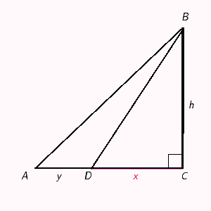 In the figure, the distance from A to D is y , the distance from D to C is x , and the distance from C to B is h .   ​ If   ,   ,   , and   , find x , then y .  Apply the rules regarding the use of significant digits when determining your answer.   __________ ​   __________