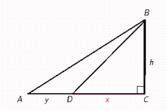 In the figure, the distance from A to D is y , the distance from D to C is x , and the distance from C to B is h .   ​ If   ,   , and   , find h , then x .  Apply the rules regarding the use of significant digits when determining your answer.   __________ ​   __________