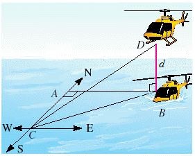 A helicopter makes a forced landing at sea. The last radio signal received at station C gives the bearing of the helicopter from C as  at an N 56.9 ° E altitude of 427 feet. An observer at C sights the helicopter and gives    as 12.8°. How far will a rescue boat at A have to travel to reach any survivors at B (see the figure) ? Round your answer to the nearest ten feet.     ​ ​ A) 1,620 ft B) 1,570 ft C) 1,590 ft D) 1,580 ft E) 1,540 ft