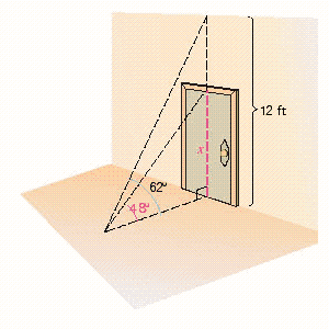 From a point on the floor the angle of elevation to the top of a door is 48º, while the angle of elevation to the ceiling above the door is 62º. If the ceiling is 12 feet above the floor, what is the vertical dimension of the door (see the figure)? Apply the rules regarding the use of significant digits when determining your answer.   Vertical dimension of door = __________ ft