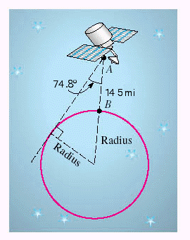 A satellite is circling 145 miles above the earth, as shown in the figure. When the satellite is directly above point B , angle A is found to be 74.8º. Use this information to find the radius of the earth. Apply the rules regarding the use of significant digits when determining your answers.   Earth's radius = __________ mi