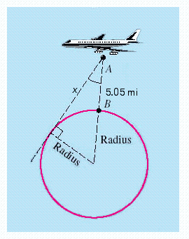 Suppose the figure below is an exaggerated diagram of a plane flying above the earth. The plane is 5.05 miles above the earth and the radius of the earth is 4,000 miles.   To each of your answers, apply the rules regarding the use of significant digits when determining your answer. Round the distance to the nearest miles and the angle to the nearest tenth of degree.  How far is it from the plane to the horizon? __________ mi  ​What is the measure of angle A ? __________ °