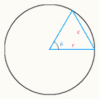 If central angle θ  cuts off a chord of length c  in a circle of radius r , then the relationship between θ , c , and r  is given by     Find θ , if ​c ​ =  ​r ​   A) ​θ = 120° B) ​θ  = 90 ° C) ​θ  = 20 ° D) ​θ  = 180 ° E) ​θ  = 120 °