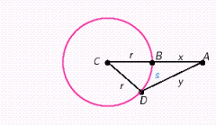The circle in the figure below has a radius of r and center at C . The distance from A to B is x , the distance from A to D is y , and the length of arc BD is s . For the following problem, redraw the figure, label it with the values given, and then solve.  ​ If    and    find y . Apply the rules regarding the use of significant digits after all computations are complete.   ​   __________