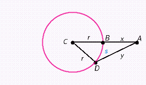 The circle in the figure below has a radius of r and center at C . The distance from A to B is x , the distance from A to D is y , and the length of arc BD is s . For the following problem, redraw the figure, label it with the values given, and then solve. ​ If    and    find x . Apply the rules regarding the use of significant digits after all computations are complete.   ​   __________