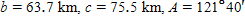 Referring to triangle ABC, find the area of the triangle.   ? Round to three significant digits. A) 2,080 km <sup>2</sup> B) 2,050 km <sup>2</sup> C) 2,030 km <sup>2</sup> D) 2,060 km <sup>2</sup> E) 2,090 km <sup>2</sup>