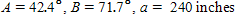 Referring to triangle ABC, find the area of the triangle.   ? Round to three significant digits. A) 37,200 inches <sup>2</sup> B) 36,600 inches<sup>2</sup> C) 37,100 inches <sup>2</sup> D) 36,700 inches <sup>2</sup> E) 37,000 inches <sup>2</sup>