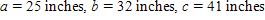 Referring to triangle ABC, find the area of the triangle.   ? Round to three significant digits. A) 392 inches <sup>2</sup> B) 400 inches <sup>2</sup> C) 406 inches <sup>2</sup> D) 396 inches <sup>2</sup> E) 402 inches <sup>2</sup>
