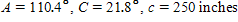 Referring to triangle ABC, find the area of the triangle.   ​  Round to three significant digits.  S = __________ inches<sup>2</sup>