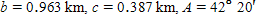 Referring to triangle ABC, find the area of the triangle.   ​  Round to three significant digits.  S = __________ km<sup>2</sup>