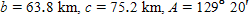 Referring to triangle ABC, find the area of the triangle.   ​  Round to three significant digits.  S = __________ km<sup>2</sup>