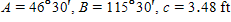 Referring to triangle ABC, find the area of the triangle.   ​  Round to three significant digits.  S = __________ ft<sup>2</sup>