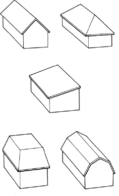   Which roof type is shown at the top left of the accompanying picture? A)  gable B)  mansard C)  shed D)  hip
