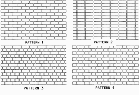   The accompanying figure shows frequently used bond patterns. Name Pattern 1. A)  Running bond B)  English cross C)  Stacked bond D)  Flemish bond