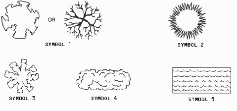   The accompanying figure shows some typical symbols used for plantings. Symbol 1 signifies ____. A)  deciduous trees B)  palm trees C)  spreading ground cover D)  low shrubs