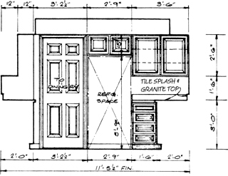   The accompanying cabinet elevation drawing relies heavily on ____. A)  relative mapping B)  pictorial representations C)  nonstandard dimensioning D)  letter/number designations