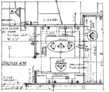   The accompanying cabinet elevation drawing relies heavily on ____. A)  relative mapping B)  pictorial representations C)  nonstandard dimensioning D)  letter/number designations