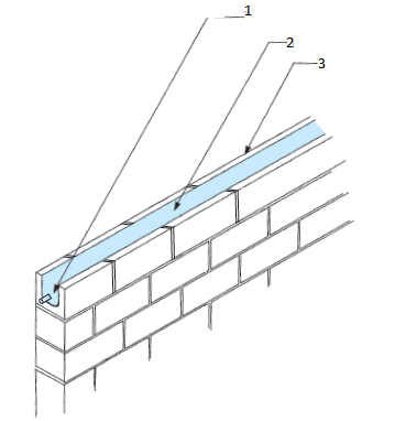   In the accompanying diagram, a bond beam is shown which is used to strengthen the top of the wall, Identify the material used showing no.1. A)  pipes in cement B)  rebars embedded in grout C)  portland cement grout D)  U-shaped lintel blocks