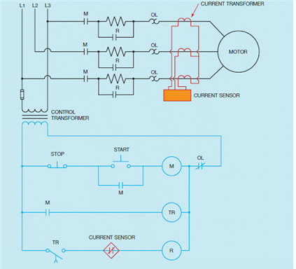 Figure 24-4 In the circuit shown in the accompanying figure, the current sensor contacts are normally open.