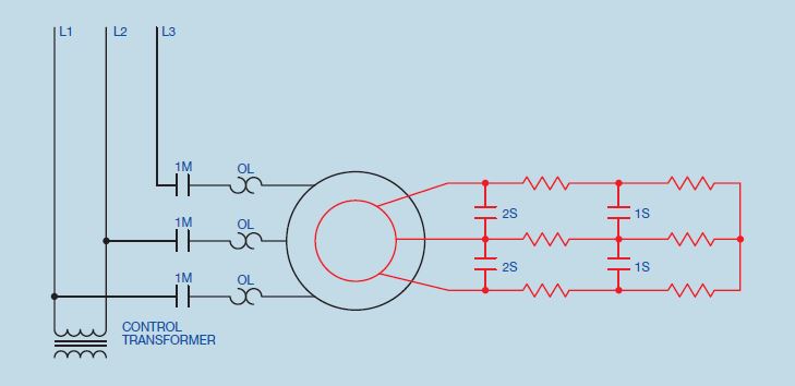 Figure 41-7             In the accompanying figure, second speed is obtained by closing ____________________ and shorting out the first three-phase resistor bank.