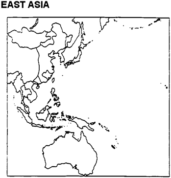Please use this outline map of East Asia to answer the question(s).       -On a map of East Asia, note the following sites: Midway Island, Iwo Jima, Okinawa, Tokyo, Hiroshima, and Nagasaki.