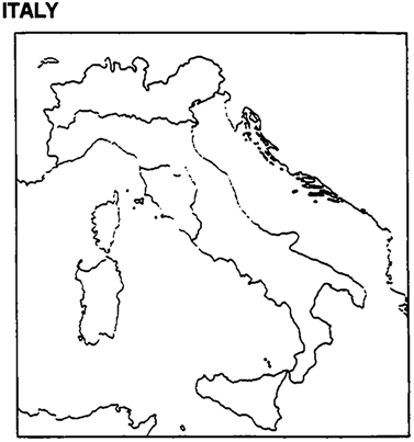 Instructions: Please use this outline map of Italy to answer the question(s).           Locate and label the five major powers that emerged on the Italian peninsula: the kingdom of Naples and Sicily, the Papal States, Florence, Venice, and Milan.
