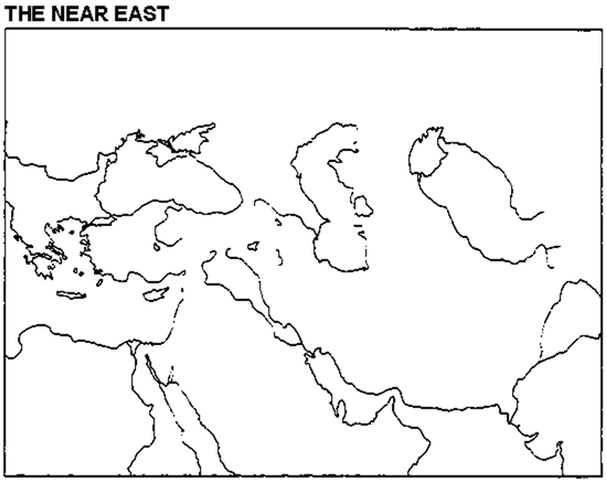 Instructions: Please use this outline map of the Near East to answer the question(s).     Clearly draw in the boundaries of the Assyrian and Persian Empires at their height.