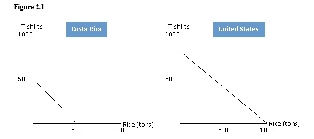 The figure below shows the production possibilities frontiers for rice and T-shirts for two countries, Costa Rica and United States. According to the figure below, in Costa Rica, the opportunity cost of 1 ton of rice is:   A)  1/2 of a T-shirt. B)  3/4 of a T-shirt. C)  1 T-shirt. D)  11/2 T-shirts. E)  2 T-shirts.