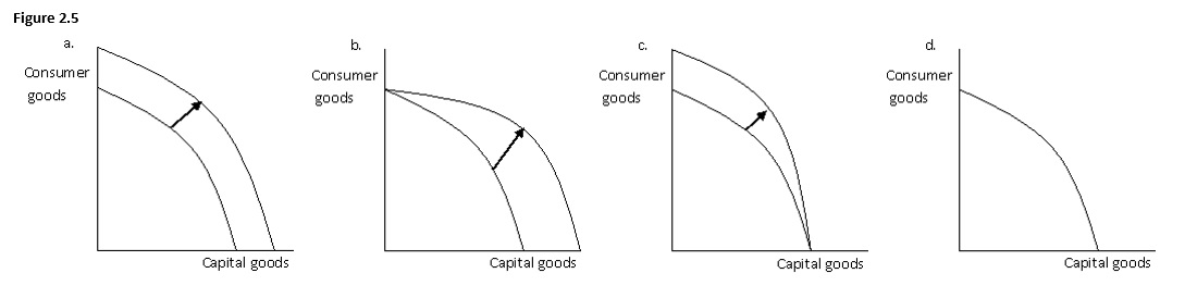   The following figure has four graphs showing the production possibilities frontier for capital goods and consumer goods. Assuming an influx of immigrants benefits the production of both consumer and capital goods, which of the graphs below best illustrates the impact on the production possibilities frontier? A)  a. B)  b. C)  c. D)  d. E)  b and d.