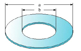  In the illustration you ll notice that the diameter of a metal washer is a = 10 centimeters. The diameter of the hole is b = 3 centimeters. How many square centimeters of metal are there in 48 washers? Express the answer in terms of  \pi  .   A)   1,092 \pi \mathrm { cm } ^ { 2 }  B)   1,082 \pi \mathrm { cm } ^ { 2 }  C)   1,112 \pi \mathrm { cm } ^ { 2 }  D)   1,102 \pi \mathrm { cm } ^ { 2 }  E)  none of these 