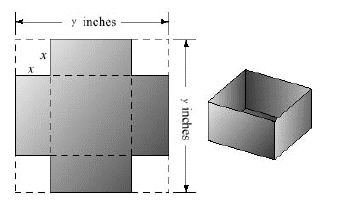 A square piece of cardboard is y = 13 inches long on each side. From each corner a square piece x inches on a side is cut out as shown in Figure. The flaps are then turned up to form an open box. Find a polynomial that represents the volume of the box.  