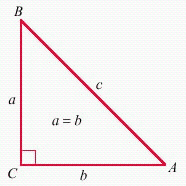 For this problem use the isosceles right triangle in the figure. If c = 14 meters find a and b . Express the answers in simplest radical form as numbers without the units separated by a comma.  